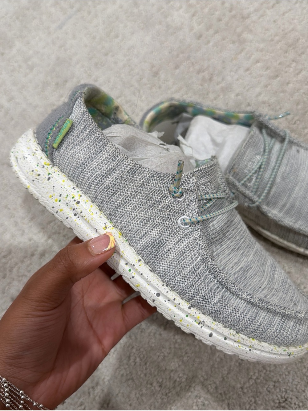 Kids Grey Slip-On Knit Sneakers with Green Accent